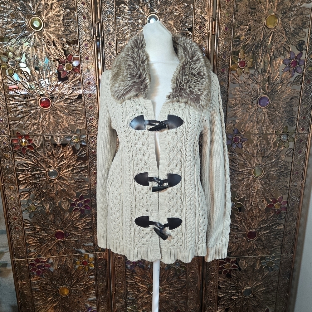Cable Knit Faux Fur Collar Toggle Cardigan Sweater Jacket Womens Cream Tan Small